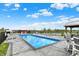 Aerial view of the in-ground pool with lounge chairs, a covered outdoor kitchen, and green space for relaxing at 1581 S 825 E, Zionsville, IN 46077