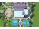 Bird's eye view of a community center with a pool, playground, and basketball and pickleball courts, surrounded by trees at 16453 Alps Rd, Noblesville, IN 46060