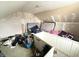 Attic bedroom renovation featuring peaked ceiling, peeling walls, and discarded furniture and belongings at 2208 Avondale Pl, Indianapolis, IN 46218