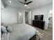 Modern bedroom featuring sleek ceiling fan, television, and ensuite bathroom access at 2232 Central Ave, Indianapolis, IN 46205
