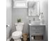 Bathroom with a gray vanity, vessel sink, modern fixtures, toilet, and decorative accents at 564 N Beville Ave, Indianapolis, IN 46201
