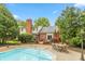 Backyard pool with brick home, landscaped yard, outdoor furniture, and blue sky on a sunny day at 8535 Washington Blvd, Indianapolis, IN 46240