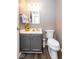 Cozy bathroom featuring a toilet and vanity with a gray cabinet and modern fixtures at 9812 Logan Ln, Fishers, IN 46037