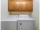 Bright laundry area with Whirlpool washer and dryer and upper cabinets at 1927 Westminster Pl, Columbus, IN 47201
