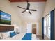 Bedroom with vaulted ceiling, ceiling fan, large window and blue accents at 2216 Bethel Ave, Indianapolis, IN 46203