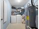Functional laundry room with washer, dryer, water heater, and ample shelving at 3038 Arrowroot Ln, Indianapolis, IN 46239