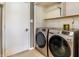 Bright laundry room featuring modern washer and dryer with storage shelf above and a door at 7775 Hollow Ridge Cir, Indianapolis, IN 46256