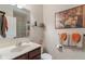 Well-lit bathroom featuring a sink, a toilet, a framed mirror, and a shower at 14910 Declaration Dr, Westfield, IN 46074