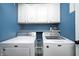 Bright laundry room featuring a Maytag washer and dryer, blue walls, and white storage cabinets at 1614 Ashley Dr, Lebanon, IN 46052