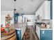 Modern kitchen featuring white cabinets, stainless steel appliances, an island with seating, and blue accent walls at 17302 Graley Pl, Westfield, IN 46074