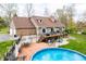 Backyard view highlighting a large deck, swimming pool, and landscaped surroundings, perfect for outdoor enjoyment at 3331 Daniel St, Mooresville, IN 46158