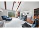 Bright living room with vaulted ceiling, wood beams, neutral colors and hardwood flooring at 3331 Daniel St, Mooresville, IN 46158
