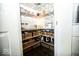 Walk-in pantry with shelves stocked with ample storage for food and kitchen essentials at 3896 Woods Bay Ln, Plainfield, IN 46168