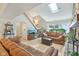 Spacious living room features skylights, a stone fireplace, and comfortable leather sofas at 43 Dominion Dr, Zionsville, IN 46077