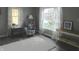 Bright living room featuring neutral gray walls and a white shag rug on modern wood flooring at 59 N Ridgeview Dr, Indianapolis, IN 46219