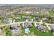 Overhead aerial showcases neighborhood homes, lush lawns, mature trees and a swimming pool with a golf course in the background at 621 Foxboro Dr, Avon, IN 46123