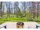 Outdoor patio area with fire pit and Adirondack chairs overlooking a lush lawn and wooded area at 6454 Dean Rd, Indianapolis, IN 46220