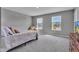 A well-lit bedroom with plush carpet, neutral walls, and a cozy sitting area by the window at 6622 Cardiff Cir, McCordsville, IN 46055
