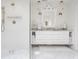 Bright bathroom featuring double sink vanity with a decorative mirror and a glass enclosed shower at 8155 Hunt Club Rd, Zionsville, IN 46077