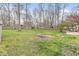 Sprawling backyard features lush green grass and mature trees and a built-in stone fire pit at 8715 Kensington Dr, Noblesville, IN 46060