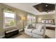 A beautifully decorated bedroom with a seating area and a bed with decorative pillows and blanket at 10235 Normandy Way, Fishers, IN 46040