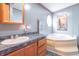 Relaxing bathroom with a soaking tub, vanity, and large mirrors, providing a spa-like experience at 2088 Brandywine Ln, Martinsville, IN 46151
