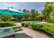 Pool area featuring blue umbrella with outdoor kitchen, perfect for summer entertaining at 290 Breakwater Dr, Fishers, IN 46037