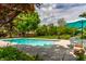 Backyard pool with manicured lawn, seating, and lush landscaping at 290 Breakwater Dr, Fishers, IN 46037