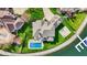 Aerial view of a lakefront home with a pool, basketball court and pristine lawn at 4883 Snowberry Bay Ct, Carmel, IN 46033