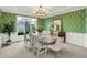 Elegant dining room featuring a large window, green wallpaper and stylish lighting at 4883 Snowberry Bay Ct, Carmel, IN 46033