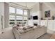 Bright living room with vaulted ceiling, fireplace, and expansive lake views at 4883 Snowberry Bay Ct, Carmel, IN 46033