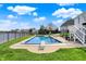 This backyard pool is surrounded by green grass, has a diving board, and is next to the lake at 4883 Snowberry Bay Ct, Carmel, IN 46033