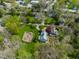 Aerial view of the property showcasing the house, barn, surrounding greenery, and neighborhood at 7124 Purdy St, Indianapolis, IN 46268