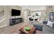Open-concept living space with modern furnishings, hardwood floors, and seamless flow to the kitchen at 741 Bates St, Indianapolis, IN 46202