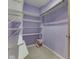 Walk-in closet with purple walls, carpet, and white adjustable shelving at 8160 Bold Forbes Ct, Indianapolis, IN 46217