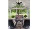 Inviting covered patio featuring cozy seating, ceiling fan, and view of a beautifully maintained backyard at 11525 Capistrano Cir, Indianapolis, IN 46236