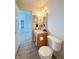Bathroom features wood-look flooring, a single sink vanity, and a toilet at 1696 Carlton Dr, Greenfield, IN 46140