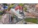 Overhead view of property with waterfront access, private dock, boat lift, lush landscaping, and a swimming pool at 2469 Cape Henry Ct, Cicero, IN 46034