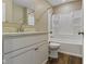 Bathroom features white vanity with bright countertop, mirror and light fixtures, and shower-tub combination at 2469 Cape Henry Ct, Cicero, IN 46034