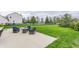 Backyard with patio and outdoor seating area surrounded by lush green grass at 559 Hythe Way, Westfield, IN 46074