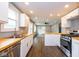 Kitchen features stainless appliances, bright white cabinets, and wood countertops at 905 E Yoke St, Indianapolis, IN 46203