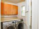 Bright laundry room equipped with modern, stainless steel washer and dryer and ample storage at 1401 Runningbrook Ln, Avon, IN 46123
