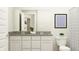 Bright bathroom showcasing a double sink vanity with neutral countertop and white cabinets, next to a toilet at 15388 Manderley St, Fishers, IN 46040