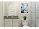 Modern bathroom features a white vanity, gray countertop, and a glass-enclosed shower at 15388 Manderley St, Fishers, IN 46040
