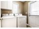 Laundry room with white washer and dryer with overhead storage cabinet and exterior door at 2615 N Delaware St, Indianapolis, IN 46205