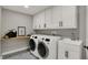 Well-organized laundry room features modern machines, sleek countertops, storage, and stylish geometric flooring at 4339 Royal Pine Blvd, Indianapolis, IN 46250