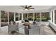 Bright sunroom features large windows, tile floors, ceiling fan, and stylish seating area for relaxing and enjoying natural light at 4339 Royal Pine Blvd, Indianapolis, IN 46250