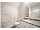Bathroom featuring granite counters, white vanity, toilet, shower and decorative mirror at 4786 N Mill Ct, Greenfield, IN 46140