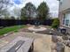 Landscaped backyard with fire pit, black fence, and green grass at 5983 Clearview Dr, Carmel, IN 46033