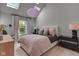 Bright bedroom featuring plush bedding, skylights, and a modern pendant light fixture at 6185 Evanston Ave, Indianapolis, IN 46220